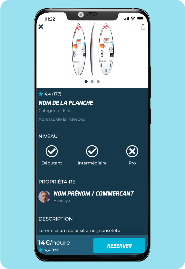 Image l'app mobile de l'écran de location du planche 